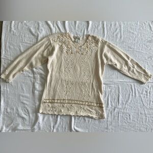 Pale Yellow Floral Knit Sweater with Ribbon Detail